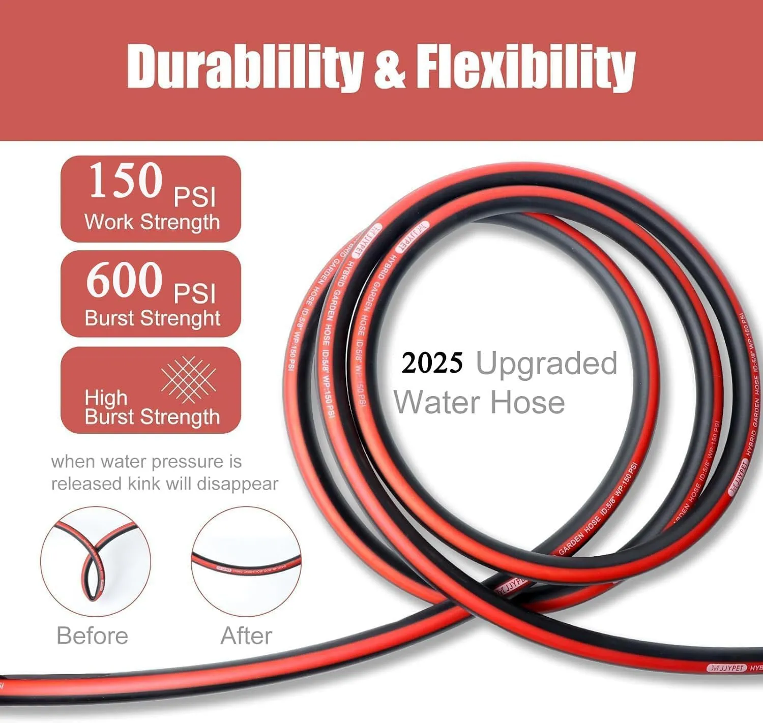 25FT 5/8" Heavy Duty Rubber Garden Hose,Durable Leakproof Hose,High Pressure Garden Leader Hose,KinkFree All-Weather Water Hose,Burst 600 PSI Outdoor Yard Lawn Flexible Car Wash Hose (25FT)