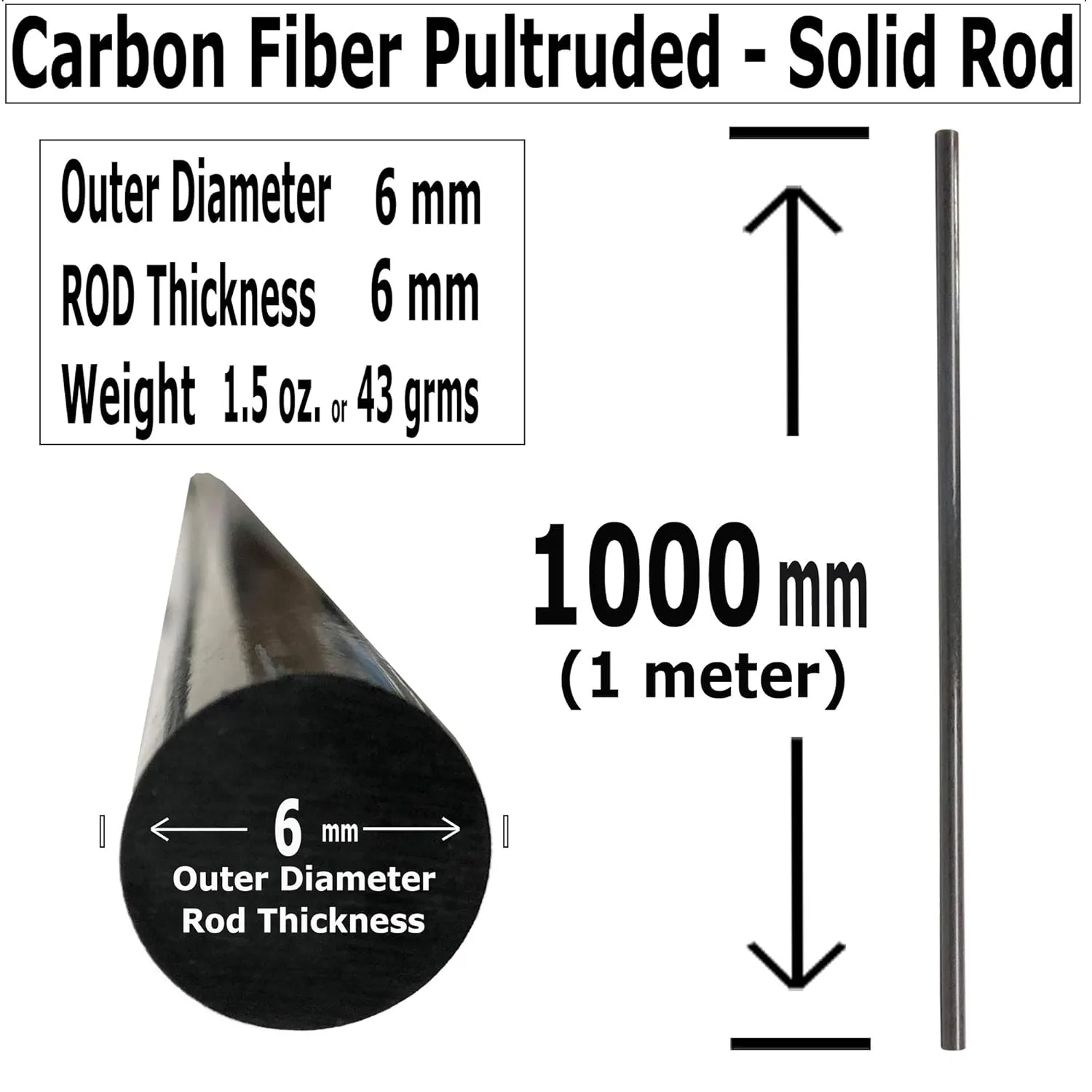 6mm x 1000mm Round Carbon Fiber Rod - Black Matte Finish - Industrial Grade - 2 Pack