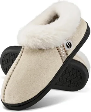 Ablanczoom Slippers for Women House Shoes: Comfy Memory Foam Slippers with Fuzzy Faux Fur Collar Non-skid Rubber Sole Indoor/Outdoor