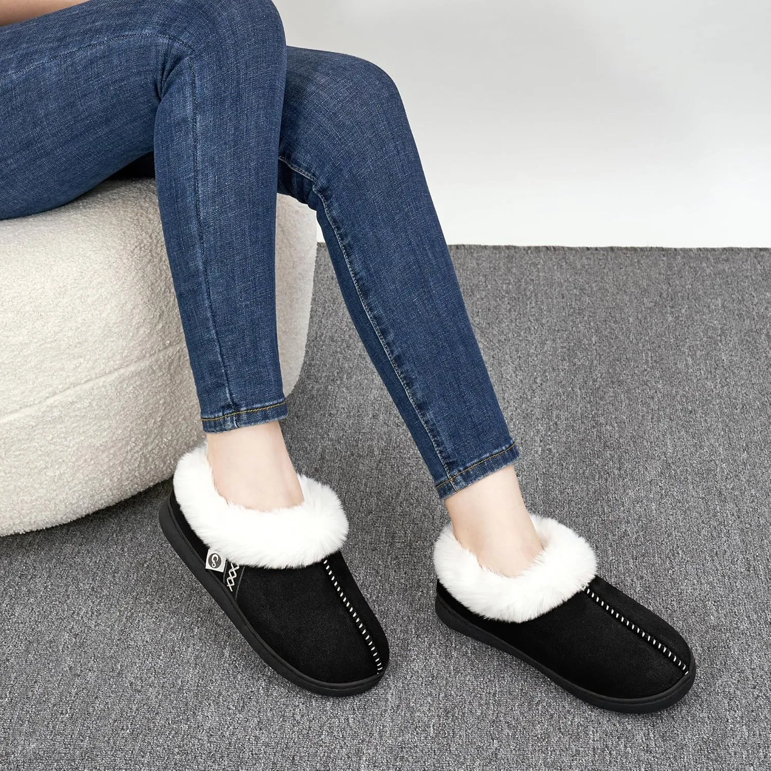 Ablanczoom Slippers for Women House Shoes: Comfy Memory Foam Slippers with Fuzzy Faux Fur Collar Non-skid Rubber Sole Indoor/Outdoor