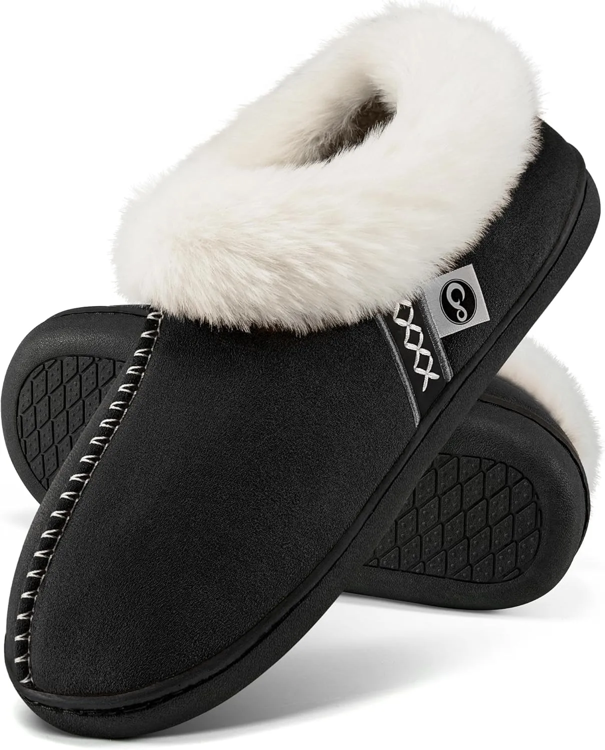 Ablanczoom Slippers for Women House Shoes: Comfy Memory Foam Slippers with Fuzzy Faux Fur Collar Non-skid Rubber Sole Indoor/Outdoor