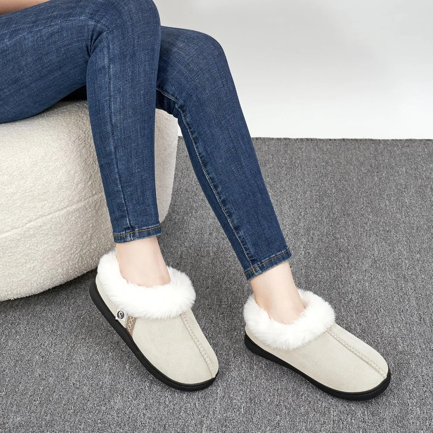 Ablanczoom Slippers for Women House Shoes: Comfy Memory Foam Slippers with Fuzzy Faux Fur Collar Non-skid Rubber Sole Indoor/Outdoor