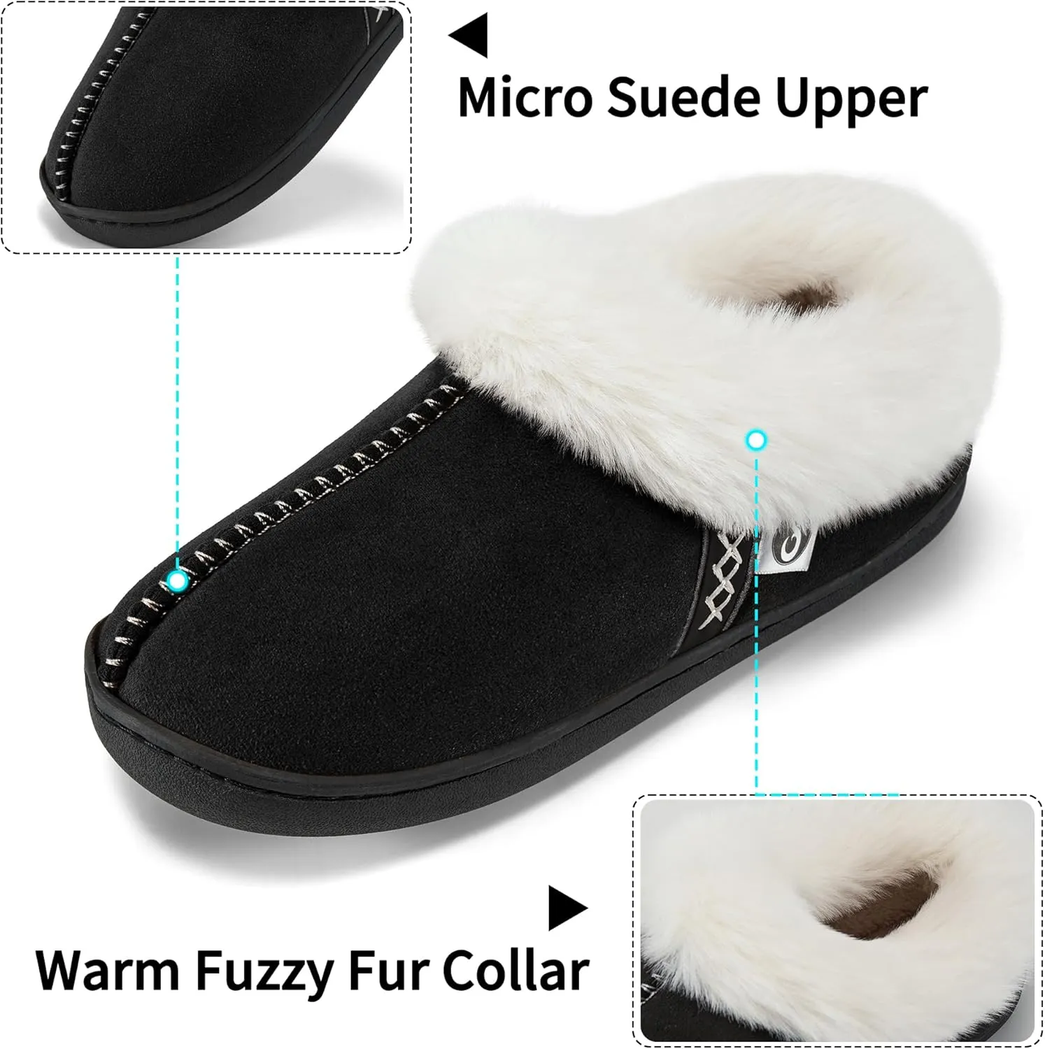 Ablanczoom Slippers for Women House Shoes: Comfy Memory Foam Slippers with Fuzzy Faux Fur Collar Non-skid Rubber Sole Indoor/Outdoor