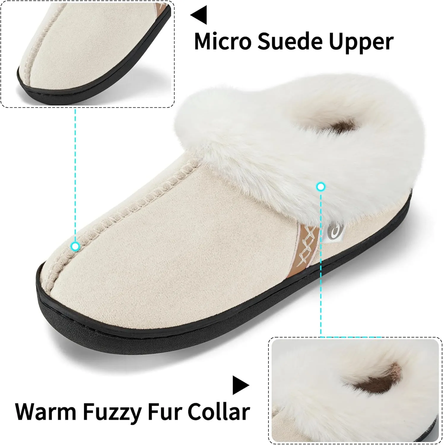 Ablanczoom Slippers for Women House Shoes: Comfy Memory Foam Slippers with Fuzzy Faux Fur Collar Non-skid Rubber Sole Indoor/Outdoor