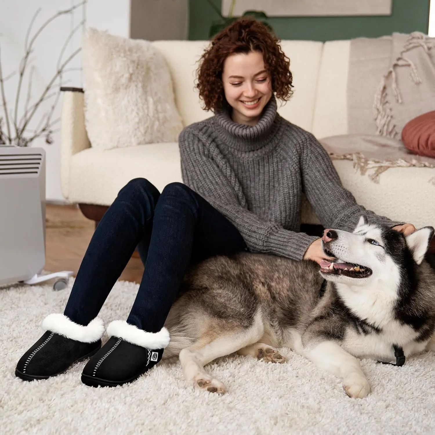 Ablanczoom Slippers for Women House Shoes: Comfy Memory Foam Slippers with Fuzzy Faux Fur Collar Non-skid Rubber Sole Indoor/Outdoor
