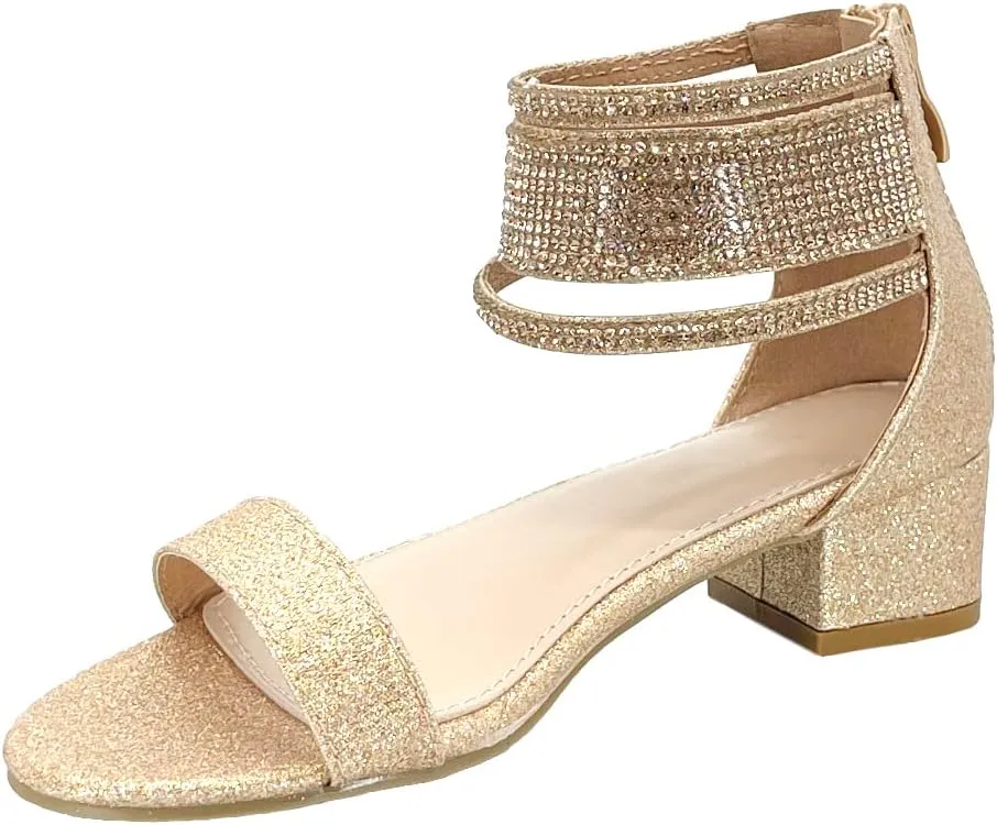 ABSOLEX Girl's Fashion Open Toe Ankle Strap Dressy/Party Low Chunky Block Heel Sandal