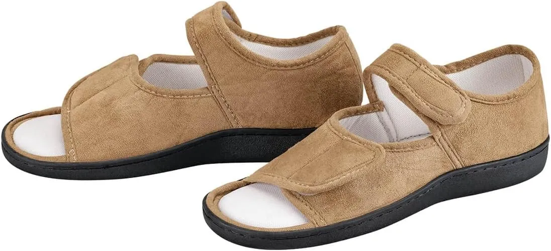 Adjustable Memory Foam Slippers, Hook and Loop Adjustable Closure, Rubber Outsoles – Beige, Medium