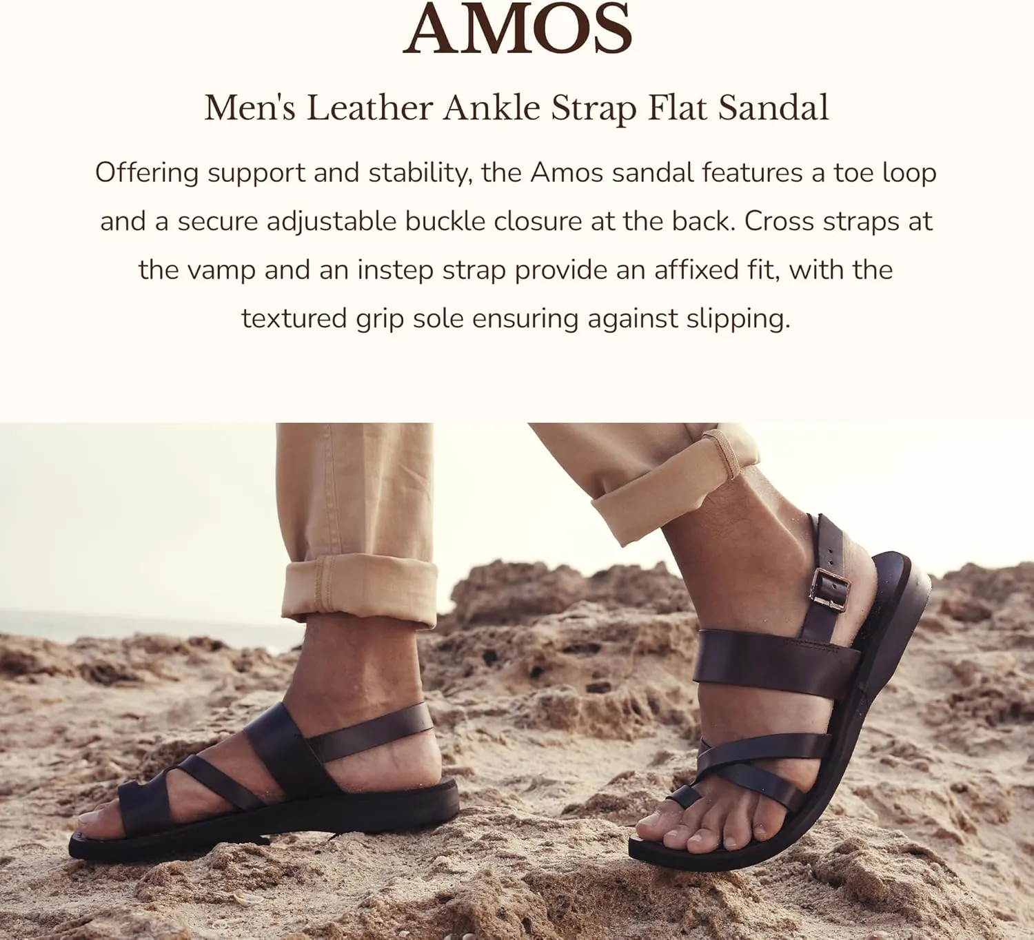 Amos - Leather Ankle Strap Flat Sandal - Mens Sandals