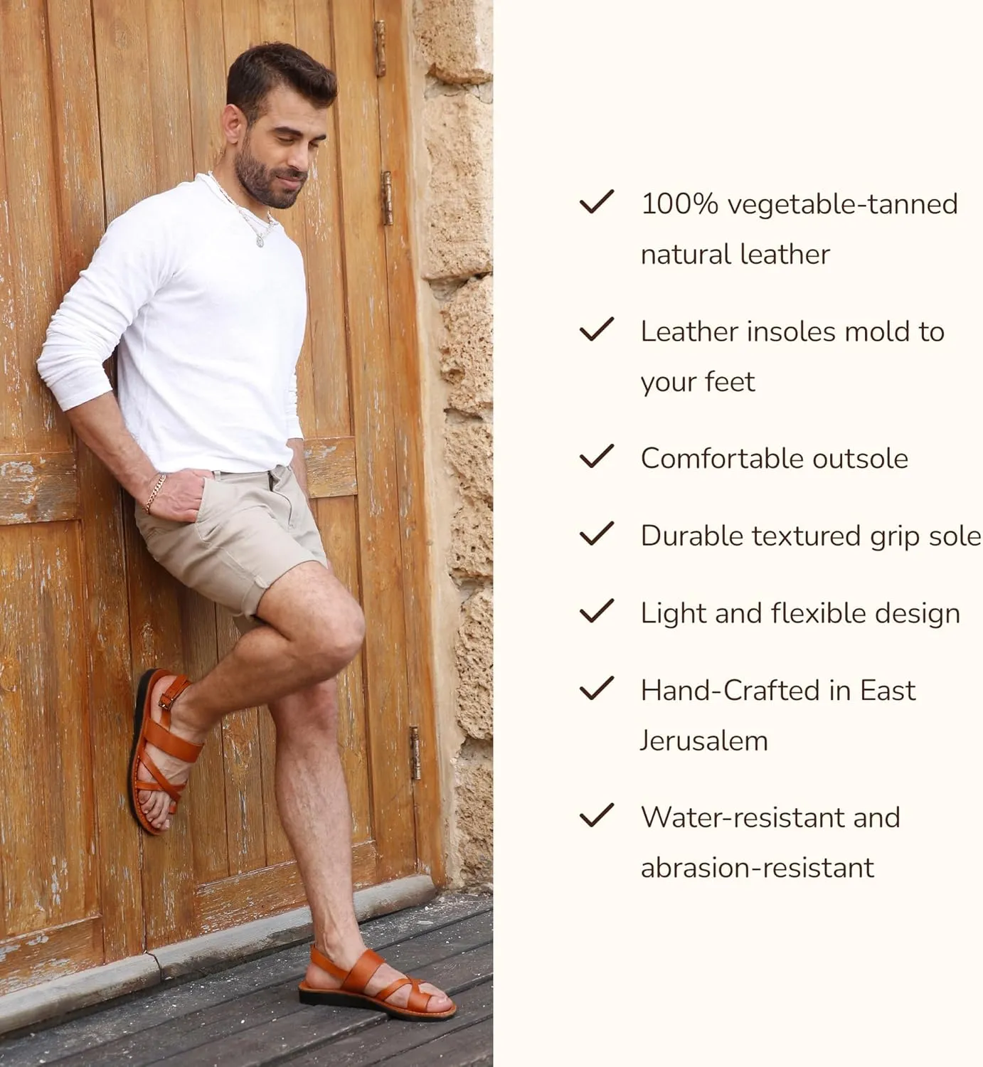 Amos - Leather Ankle Strap Flat Sandal - Mens Sandals