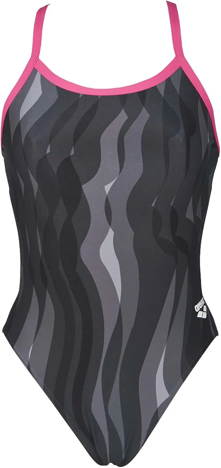 Arena Women's Wavy Water Challenge Back One Piece Fl, Black / Fresia Rose, 22