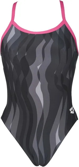 Arena Women's Wavy Water Challenge Back One Piece Fl, Black / Fresia Rose, 22