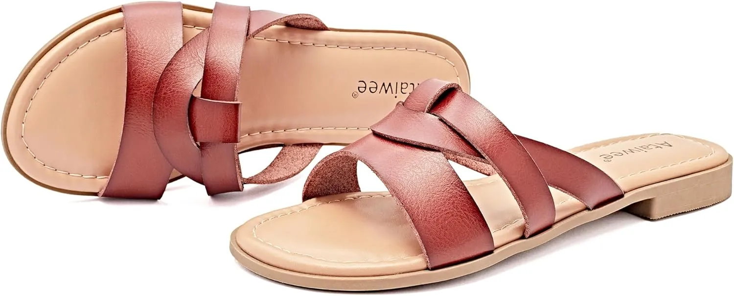 Ataiwee Women's Flat Slide Sandals - Fashion Slip On Flat Summer Shoes.