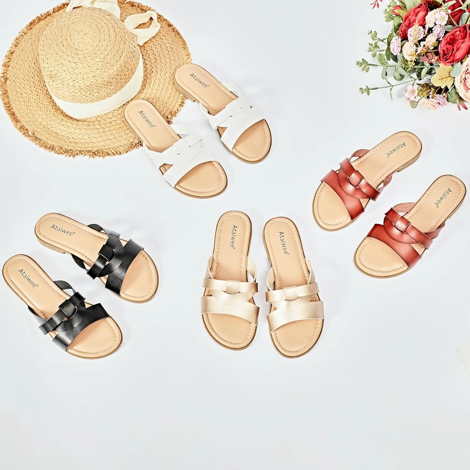 Ataiwee Women's Flat Slide Sandals - Fashion Slip On Flat Summer Shoes.