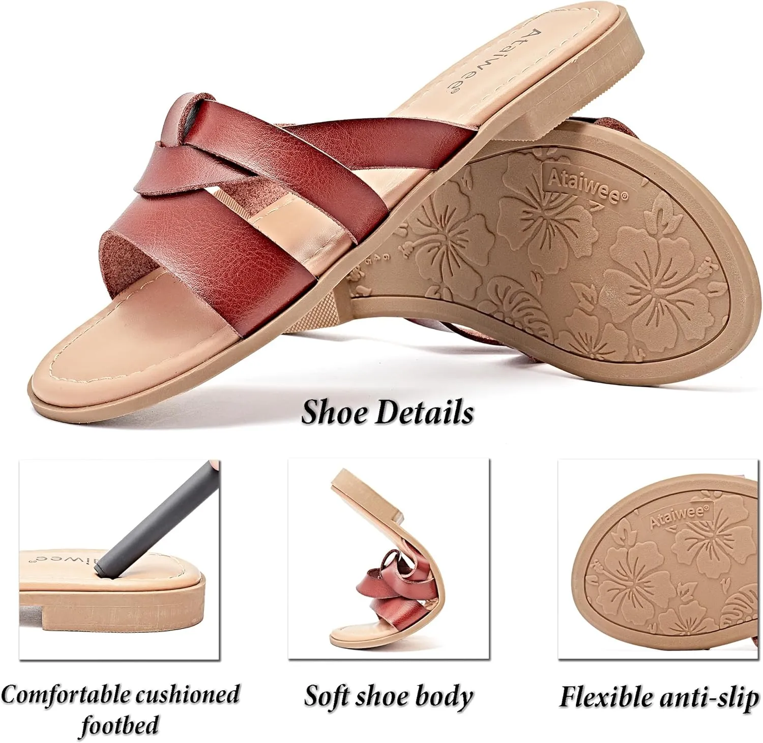 Ataiwee Women's Flat Slide Sandals - Fashion Slip On Flat Summer Shoes.