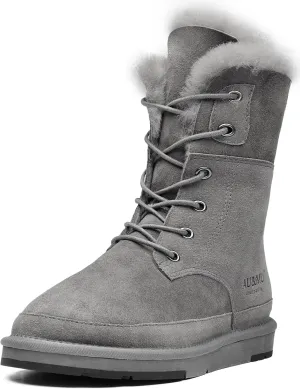 AU&MU Aumu Womens Shearling Leather Sheepskin Classic Lace up Mid Calf Flat Fur Winter Snow Boots…