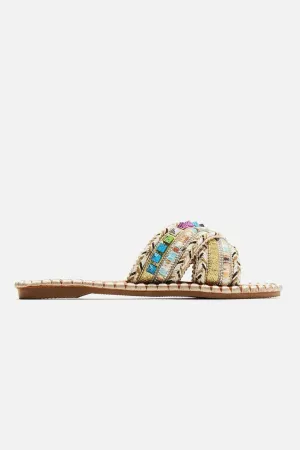 BAMBOO Womens Open Round Toe Cross Straps Beaded Slides Array-02