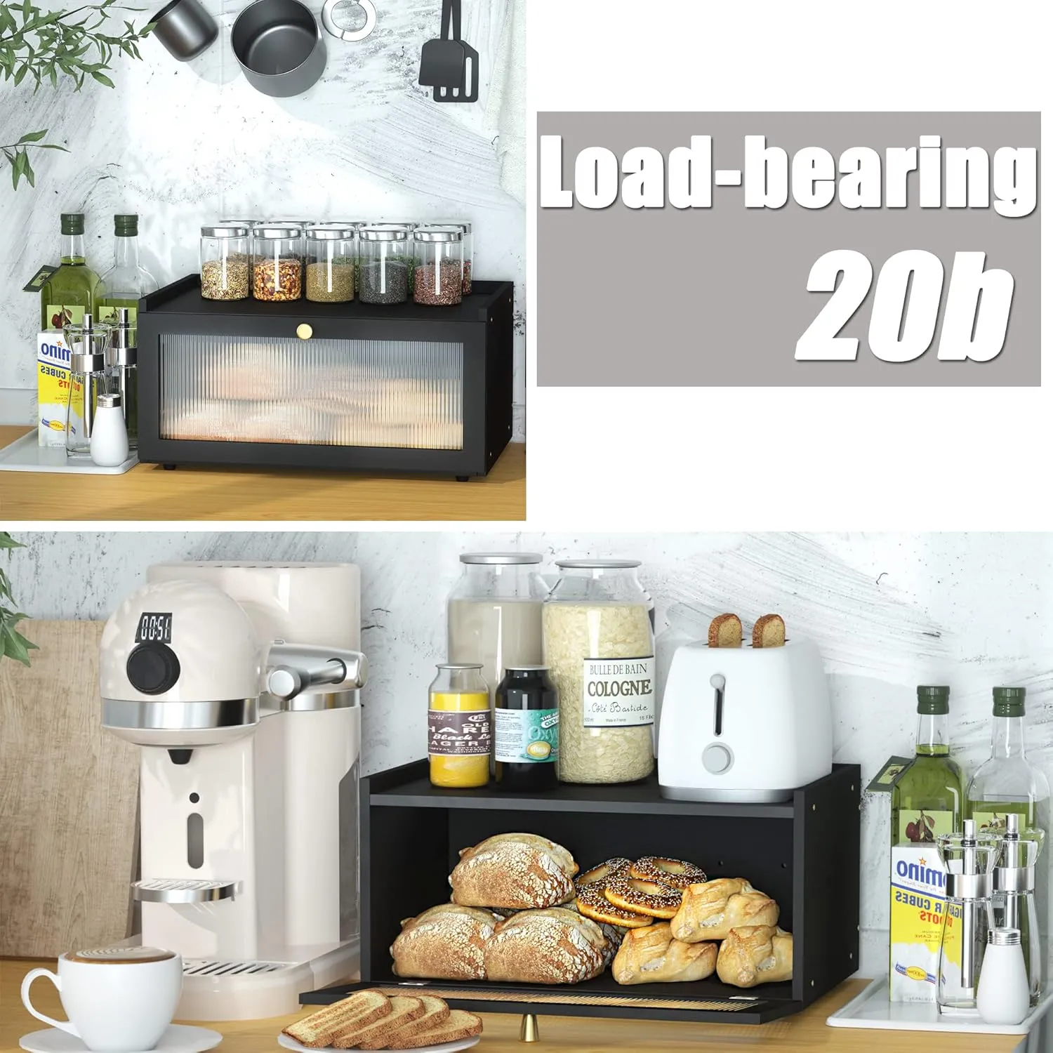 Black Bread Box for Kitchen Countertop-Large Modern bamboo Bread box with Window Bread Storage Container
