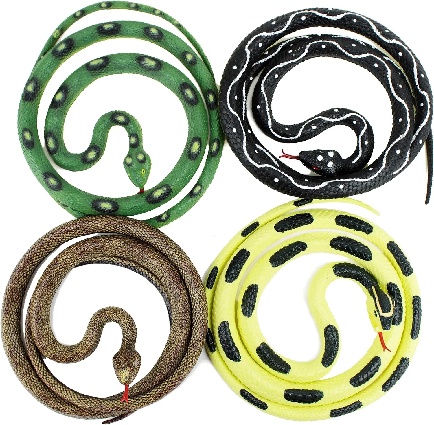 Boley Jumbo Snakes - 4 Pack 52" Long Realistic Rubber Snake Toy Set - Python, Rattlesnake, Garden Snake, Cobra - Fake Snake Prank Toys and Party Favors for Kids