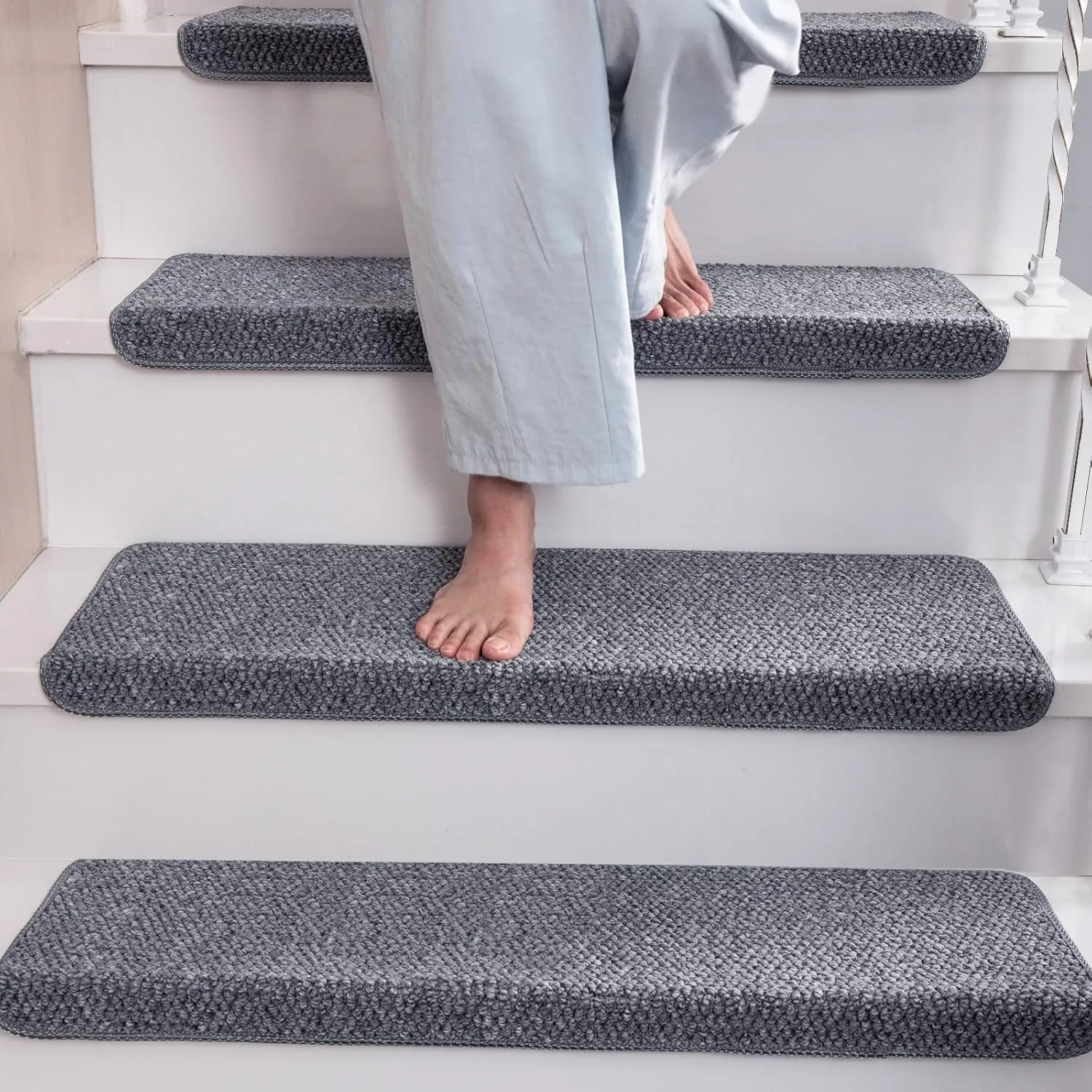 Bullnose Carpet Stair Treads Non Slip for Wooden Steps Indoor - Sisal Anti Slip Stair Mats Self Adhesive Staircase Step Covers for Wood Steps - 9.44 x 29.5 x 1.9 inch,Grey, Set of 7