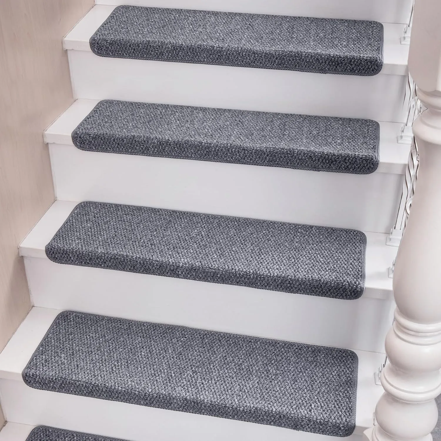 Bullnose Carpet Stair Treads Non Slip for Wooden Steps Indoor - Sisal Anti Slip Stair Mats Self Adhesive Staircase Step Covers for Wood Steps - 9.44 x 29.5 x 1.9 inch,Grey, Set of 7