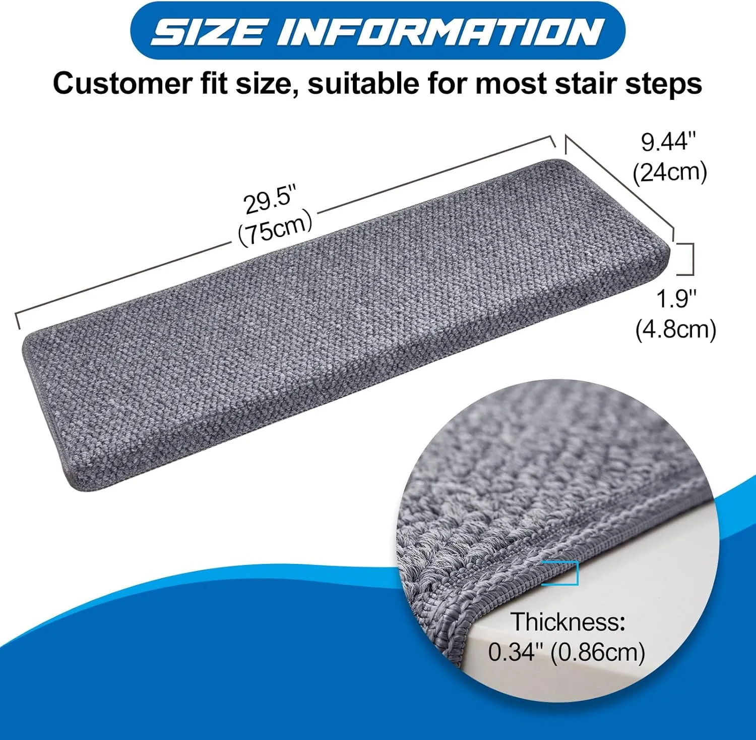 Bullnose Carpet Stair Treads Non Slip for Wooden Steps Indoor - Sisal Anti Slip Stair Mats Self Adhesive Staircase Step Covers for Wood Steps - 9.44 x 29.5 x 1.9 inch,Grey, Set of 7