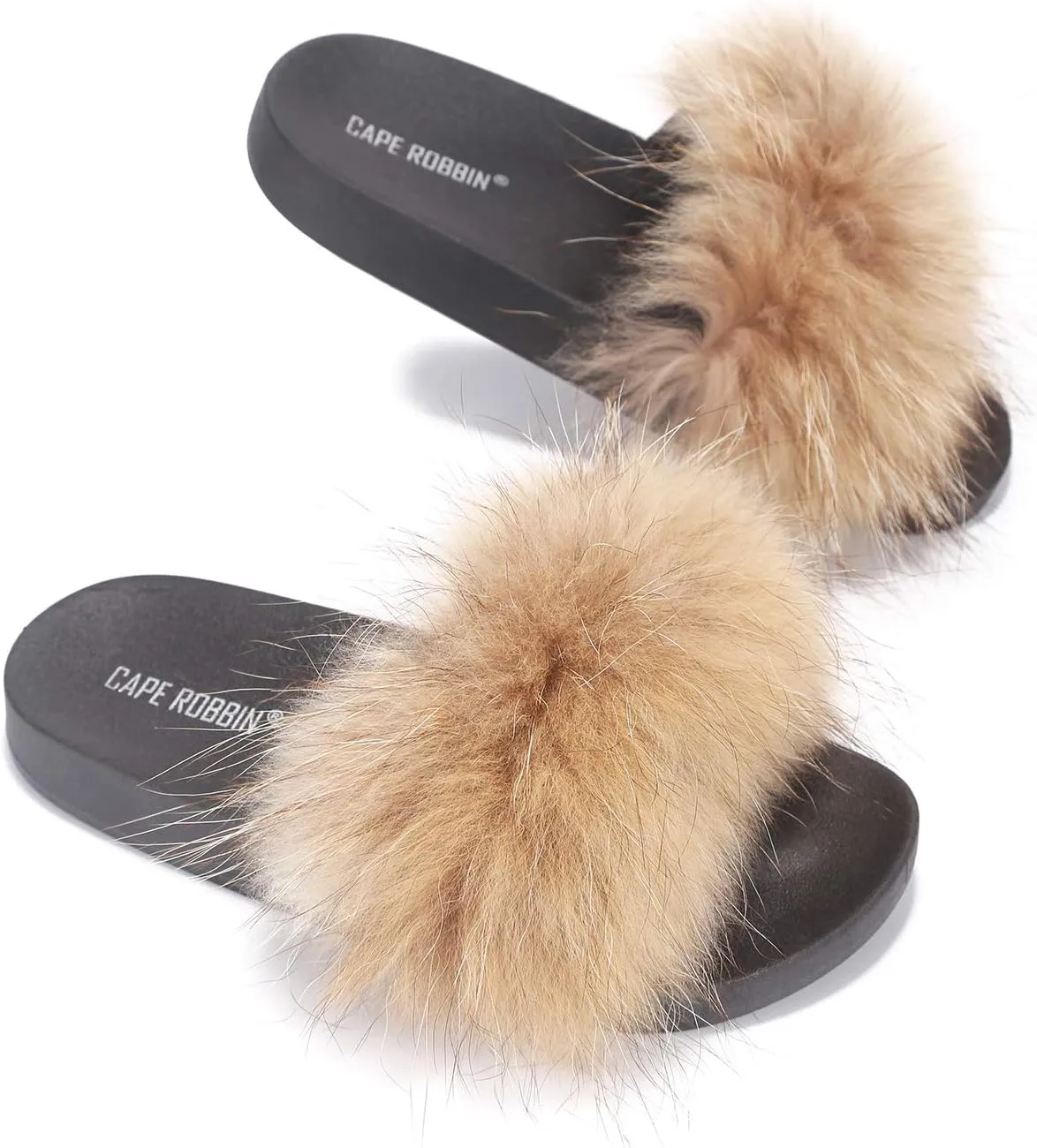 Cape Robbin Flurry Footbed Pool Slide Fluffy Slippers Tan Slip On Mules Slides