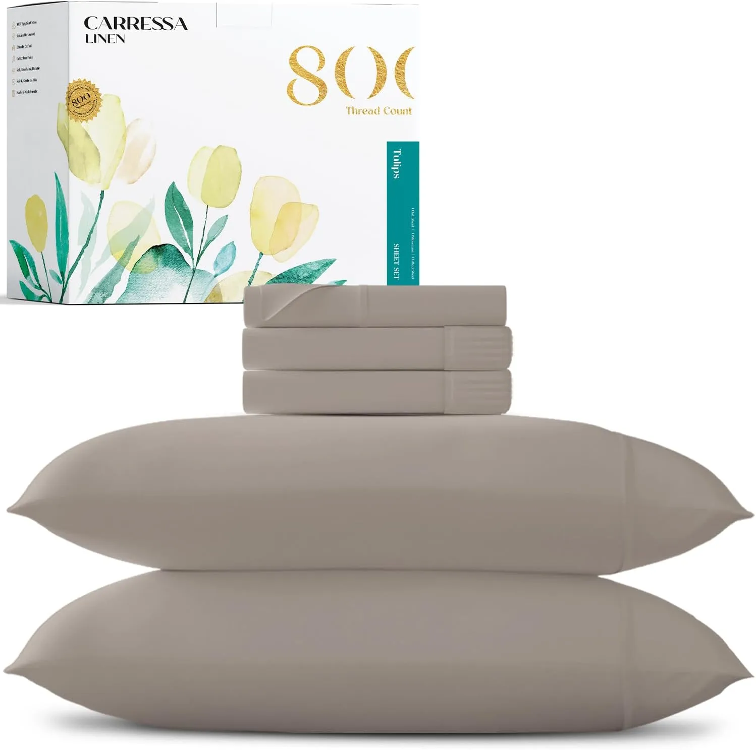 Carressa Linen 100% Egyptian Cotton Split King Sheets Sets for Adjustable Bed - 800 Thread Count 5 PC Top Split King Sheet for Sleep Number Bed, Soft Cooling Sheets, Fits Mattress Upto 18" - Taupe