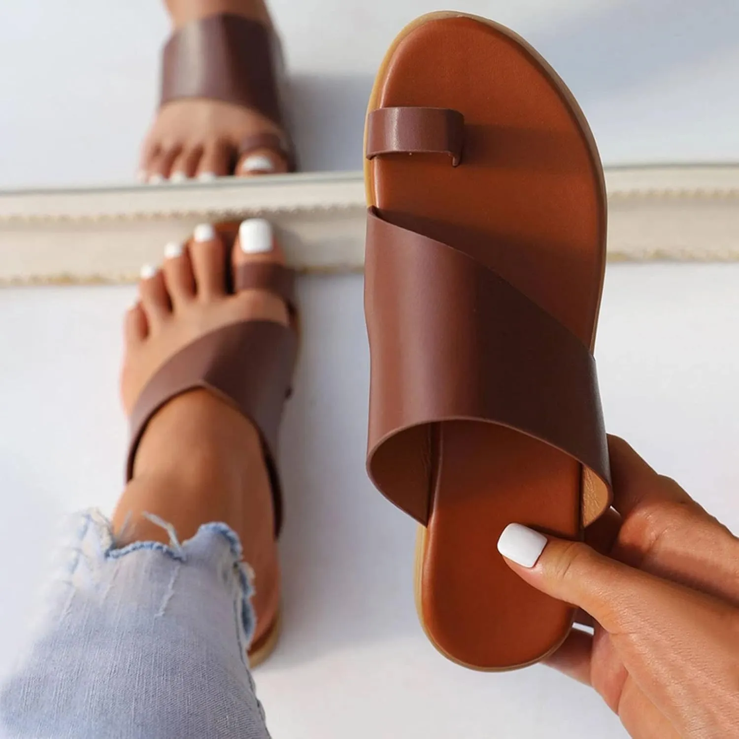 Casual Women’s Slip-On Sandals Open Slip-Toe Slides Summer Daily Dressy Flat Slippers Footwear with Cross Strap