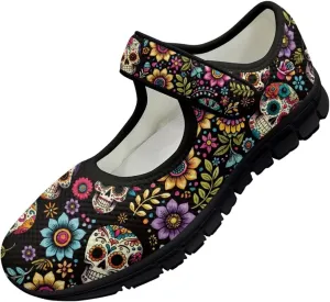 chaqlin Skull Tennis Shoes Mesh Mary Jane Flats for Women Comfortable Work Office Slip On Dress Shoe Lightweight Walking Sneaker