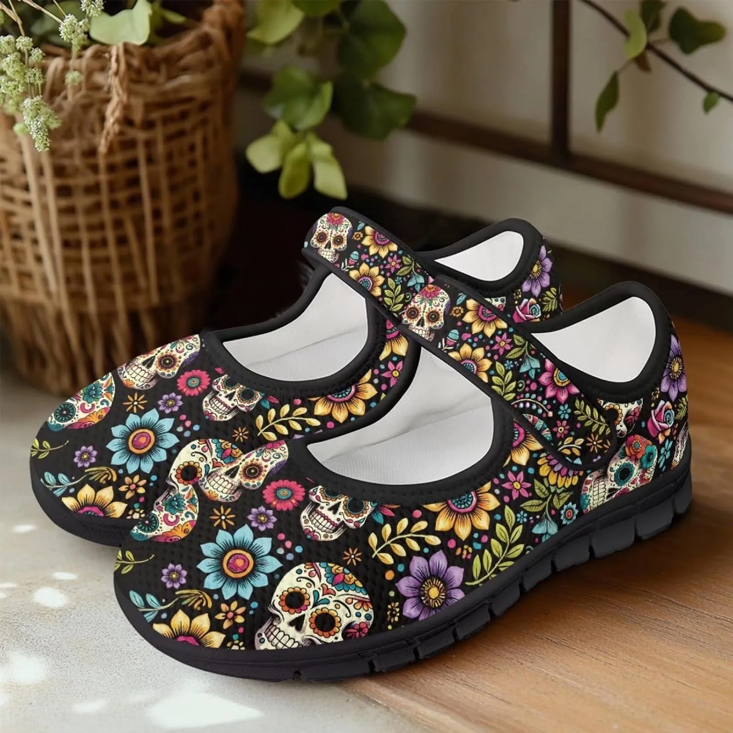 chaqlin Skull Tennis Shoes Mesh Mary Jane Flats for Women Comfortable Work Office Slip On Dress Shoe Lightweight Walking Sneaker