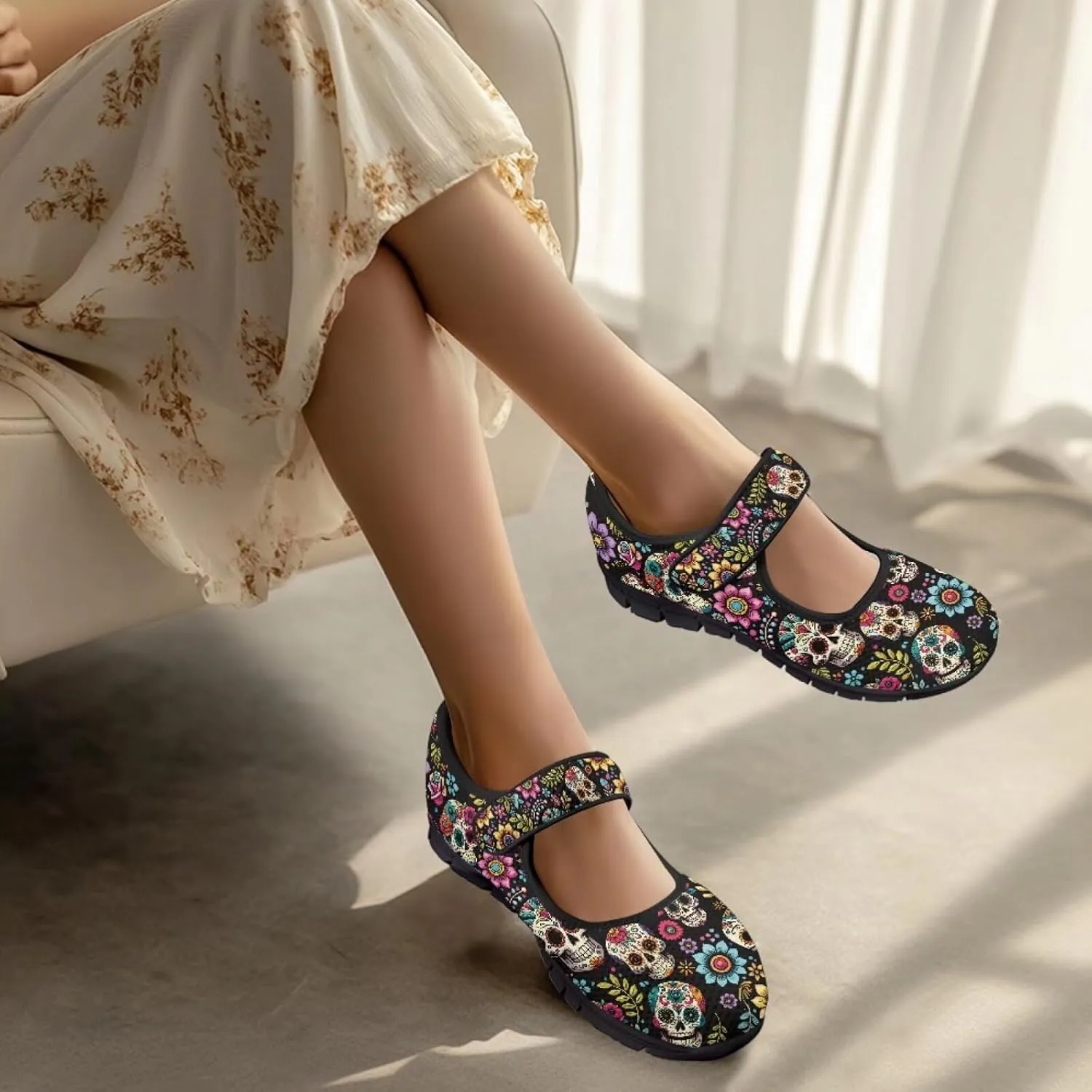 chaqlin Skull Tennis Shoes Mesh Mary Jane Flats for Women Comfortable Work Office Slip On Dress Shoe Lightweight Walking Sneaker