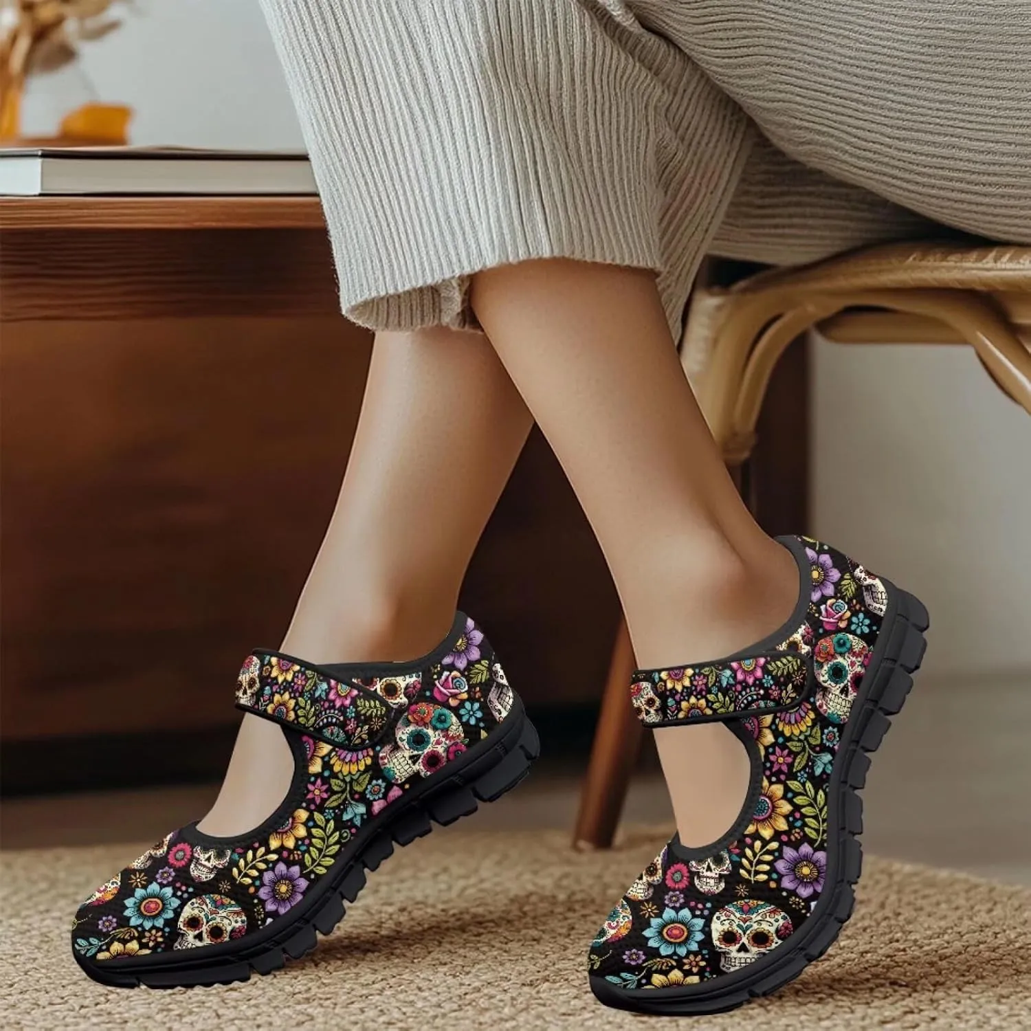 chaqlin Skull Tennis Shoes Mesh Mary Jane Flats for Women Comfortable Work Office Slip On Dress Shoe Lightweight Walking Sneaker
