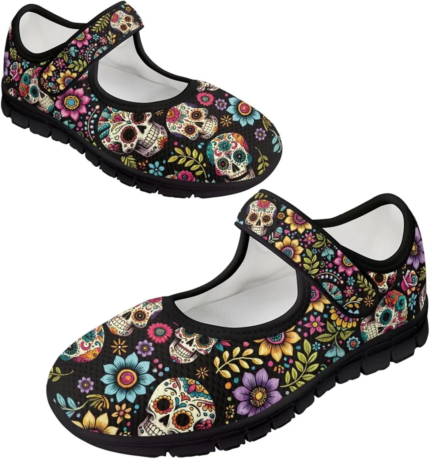 chaqlin Skull Tennis Shoes Mesh Mary Jane Flats for Women Comfortable Work Office Slip On Dress Shoe Lightweight Walking Sneaker