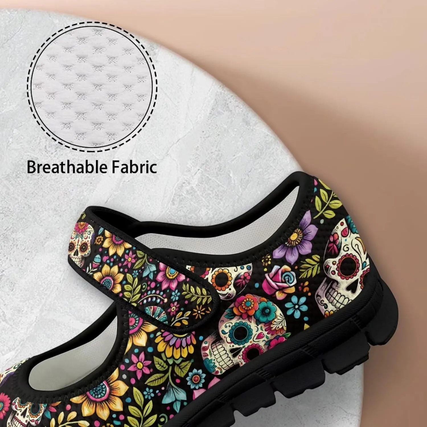 chaqlin Skull Tennis Shoes Mesh Mary Jane Flats for Women Comfortable Work Office Slip On Dress Shoe Lightweight Walking Sneaker
