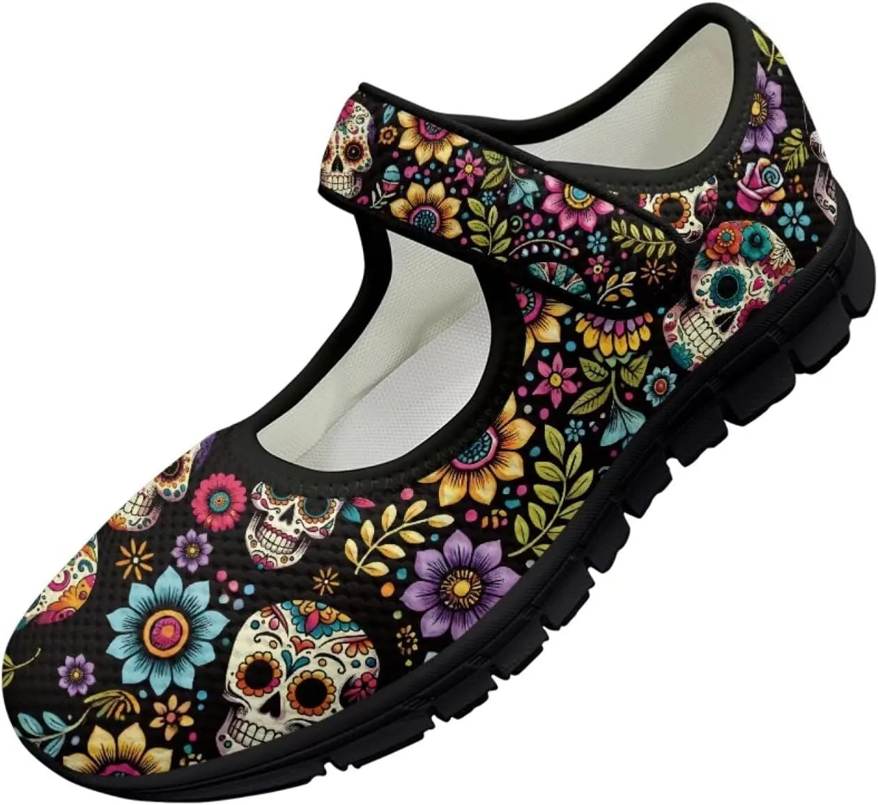 chaqlin Skull Tennis Shoes Mesh Mary Jane Flats for Women Comfortable Work Office Slip On Dress Shoe Lightweight Walking Sneaker
