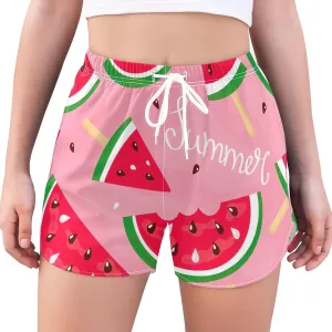CHIFIGNO Ice Cream Watermelon Seeds Pink Women Shorts, Active Shorts, Water Repellent and Stretchy, XXL