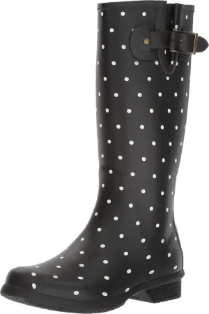 Chooka Women's Waterproof Tall Printed Rain Boot with Memory Foam Insole, Dot Blanc Black, 7