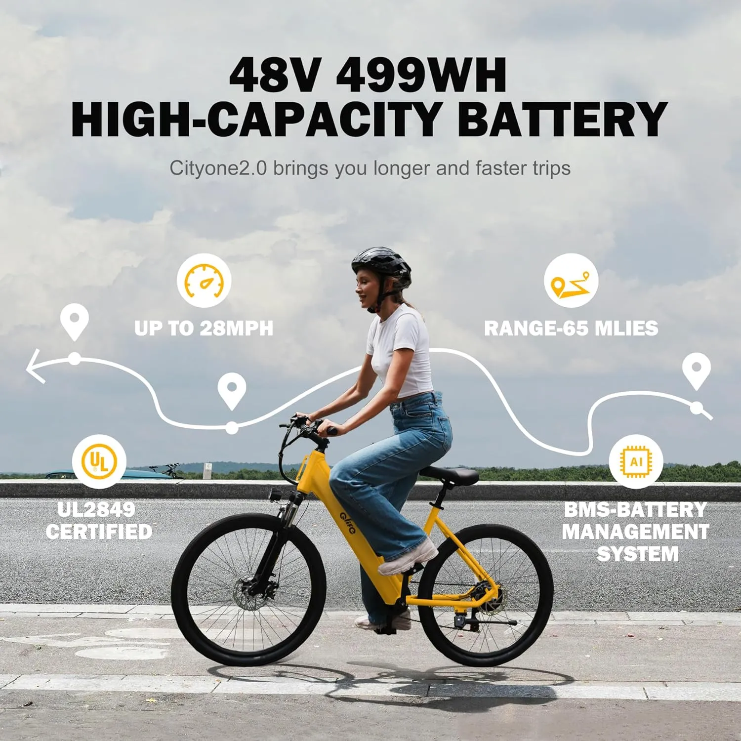 Cityone 2.0 Electric Bike for Adults,Up to 65Miles,28MPH,1200W Peak Motor 26" Ebike,499WH UL2849 Certified Battery Electric Commuter Bicycle with Front Suspension & 7-Speed Ebikes