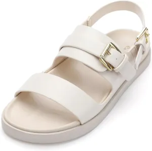 CosyFever Women's Beige Slip On Flat Footbed Sandals Adjustable Back Strap Comfortable Walking Shoes for Casual Outfits Summer Work - 6 B(M) US