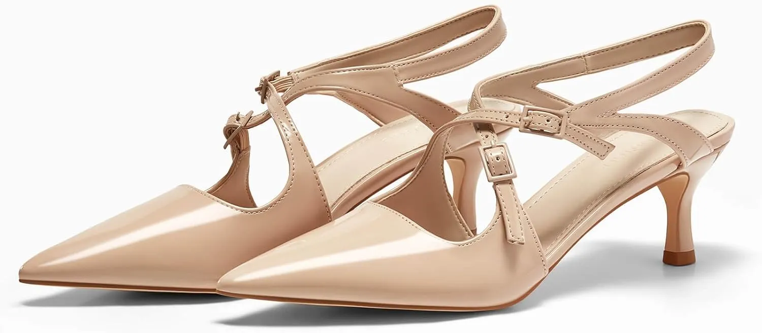 Coutgo Womens Slingback Kitten Heels Pointed Toe Criss Cross Pumps Buckle Office Dress Shoes