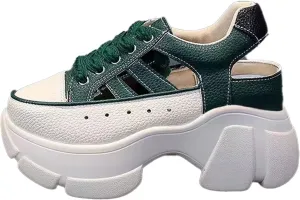 Cubicbee Women's Leather Platform Hollow Out Walking Shoes Non-Slip Breathable Lace-Up Rome Sandals Adjustable Buckle Casual Sneakers