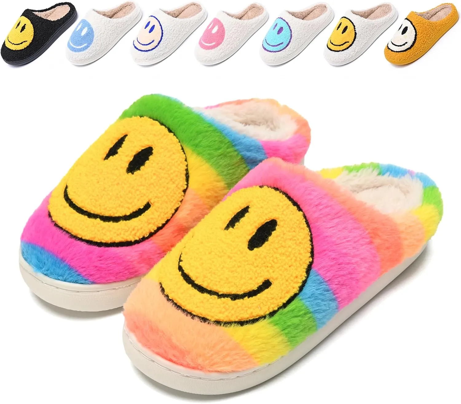 Cute Smile Face Slippers for Women and Men,Soft Plush Comfy Warm Couple Slip-On House Happy Face Slippers For Winter Indoor Outdoor Smile Slippers Non-slip Fuzzy Flat Slides