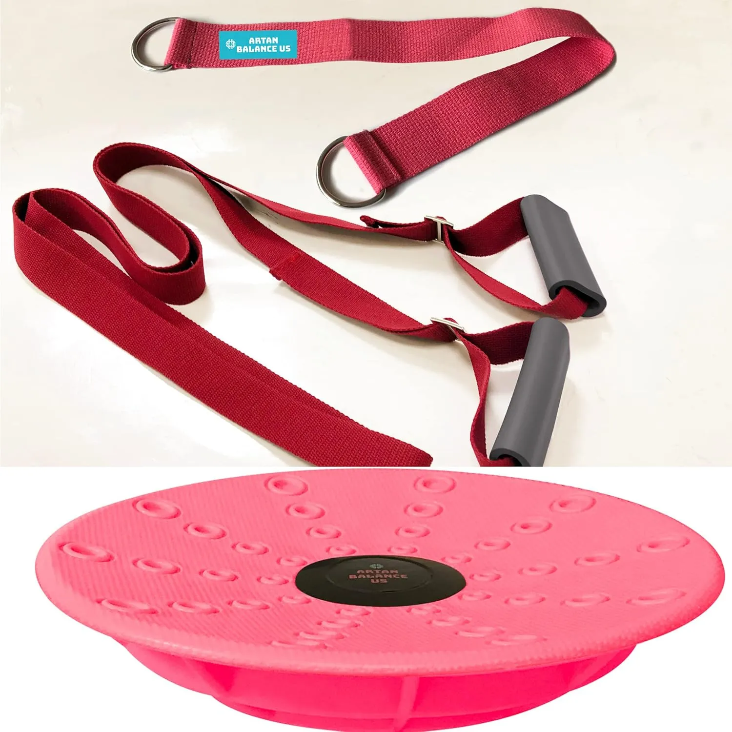 Dance, Cheerleading and Figureskating Trainer Stretching and Balance, 2 Pc. Set, Stretching, Disc Core Board and Flexibility Equipment Strap for Dance, Gymnastics, Turning, Stunt