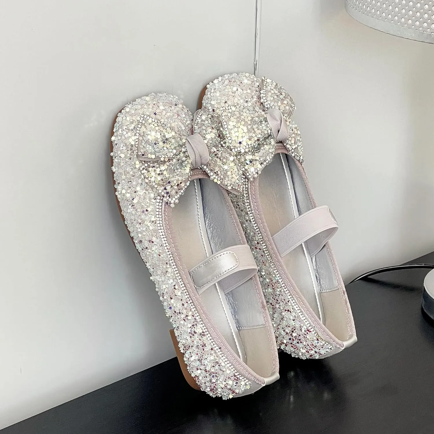 Dear Time Women's Sequin Ballets Sparkly Flat Shoes Bowknot Cute Mary Jane Shoes Elastic Strap Ballets Shoes