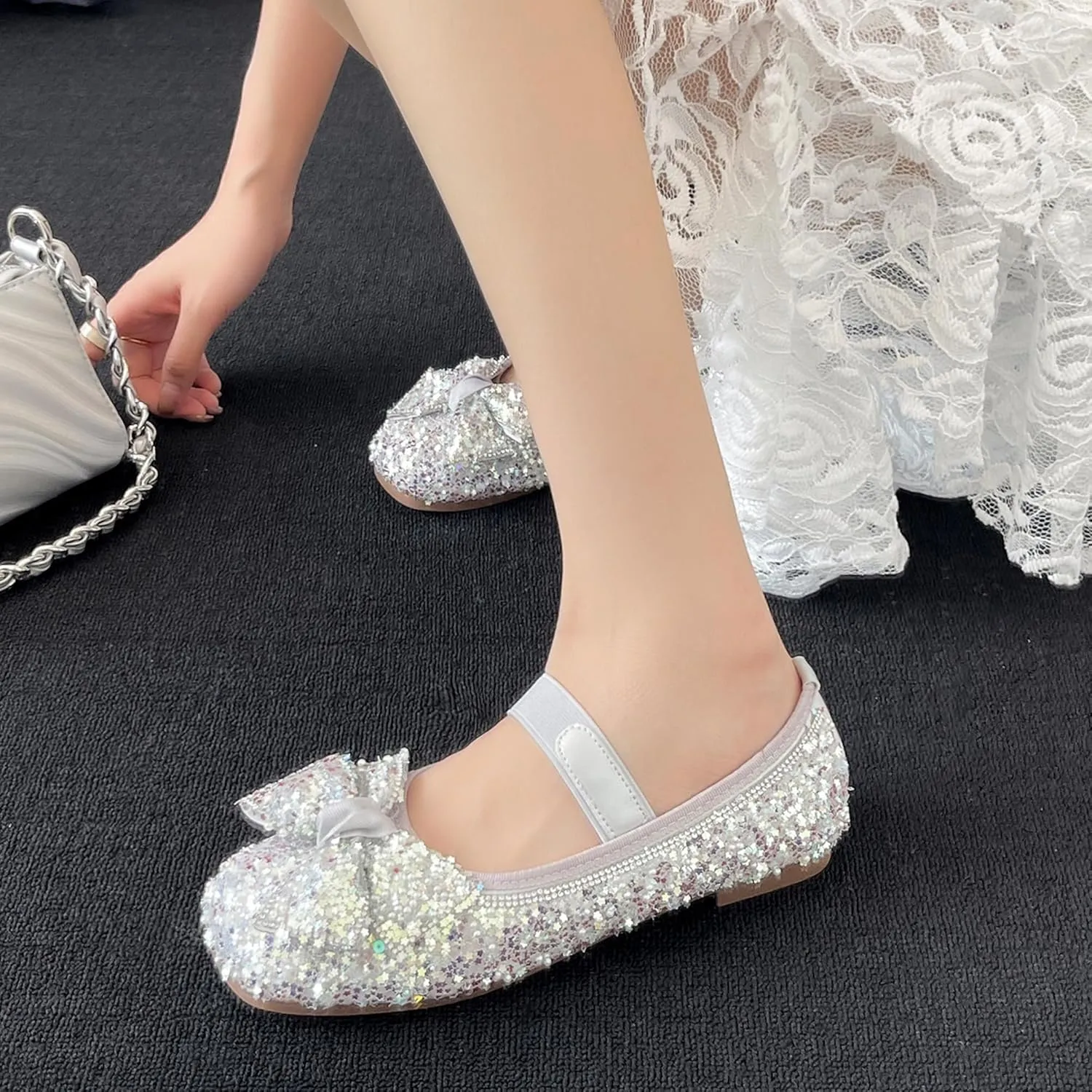 Dear Time Women's Sequin Ballets Sparkly Flat Shoes Bowknot Cute Mary Jane Shoes Elastic Strap Ballets Shoes