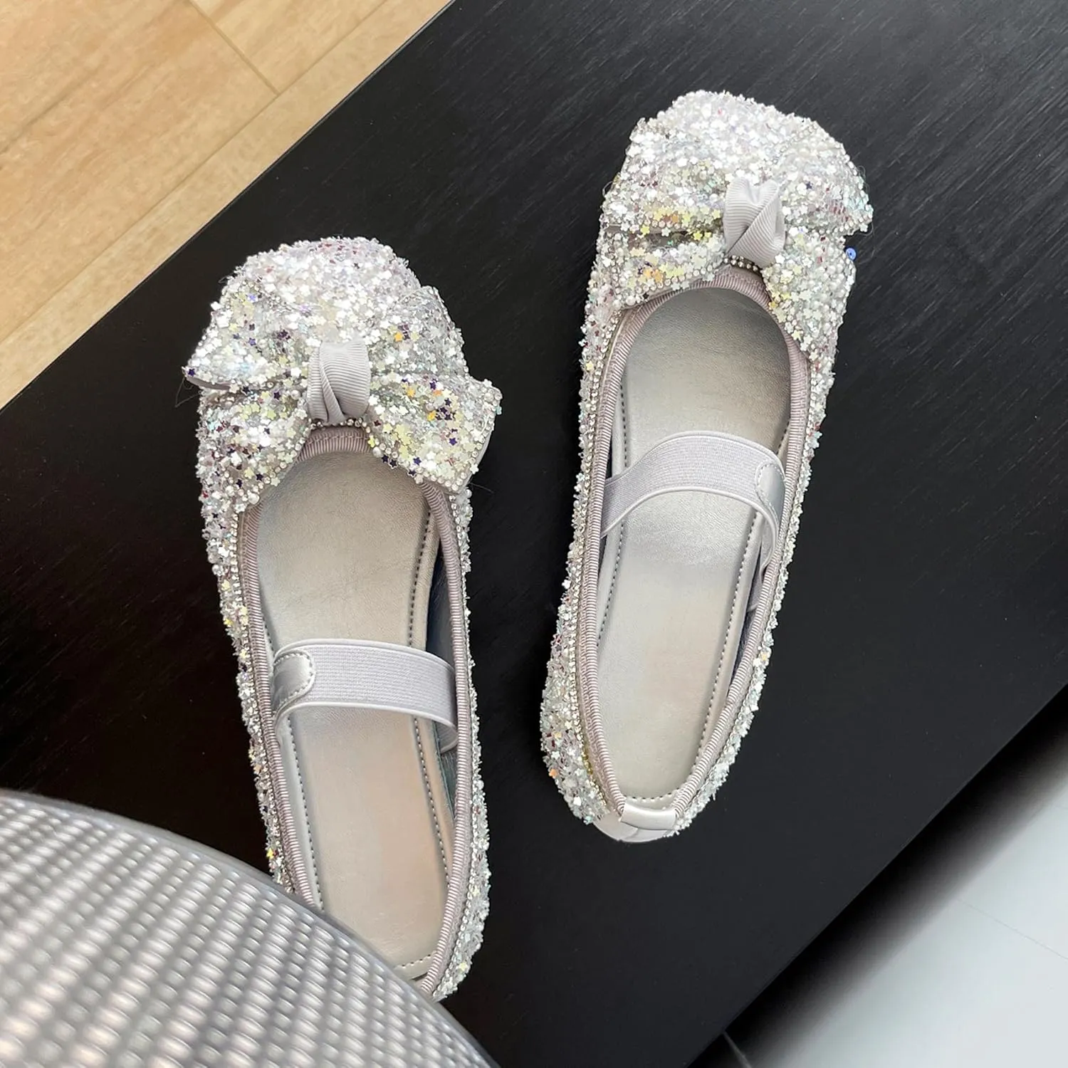 Dear Time Women's Sequin Ballets Sparkly Flat Shoes Bowknot Cute Mary Jane Shoes Elastic Strap Ballets Shoes