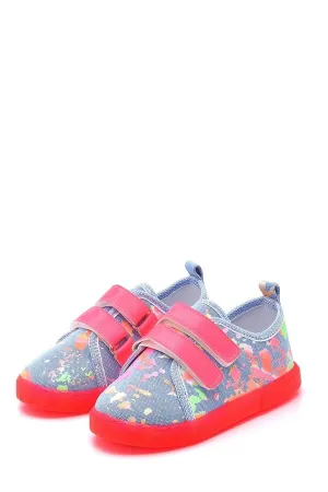 Double Velcro Neon Sole Kids Linen Sports Shoes-blue-f-4002