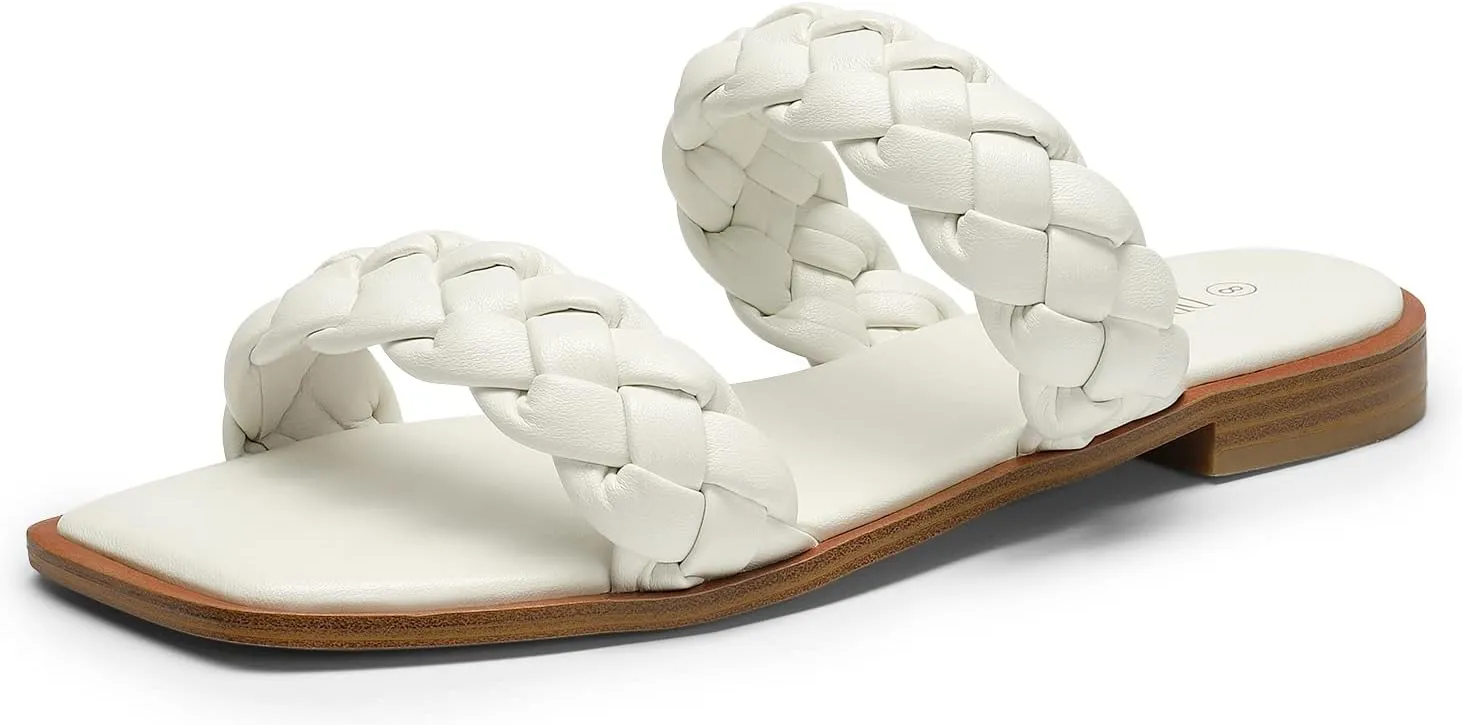 DREAM PAIRS Women's Braided Sandals Slip on Slides Two Straps Square Toe Dressy for Summer