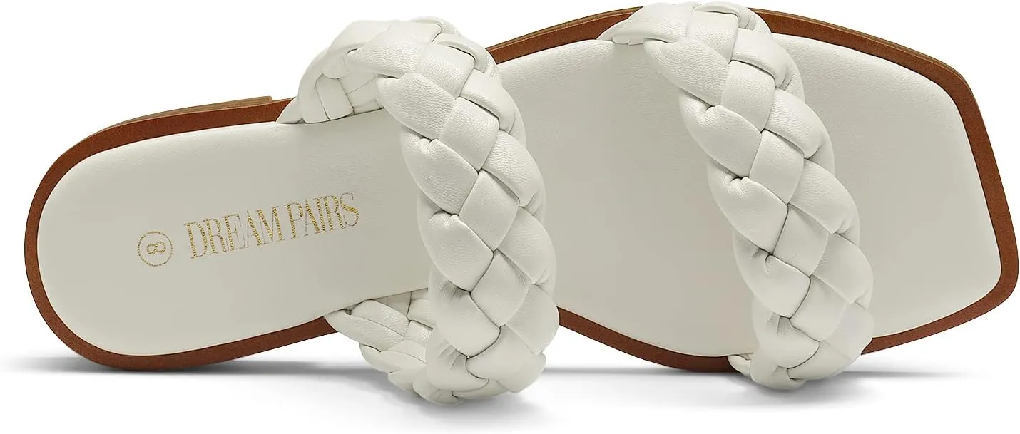DREAM PAIRS Women's Braided Sandals Slip on Slides Two Straps Square Toe Dressy for Summer