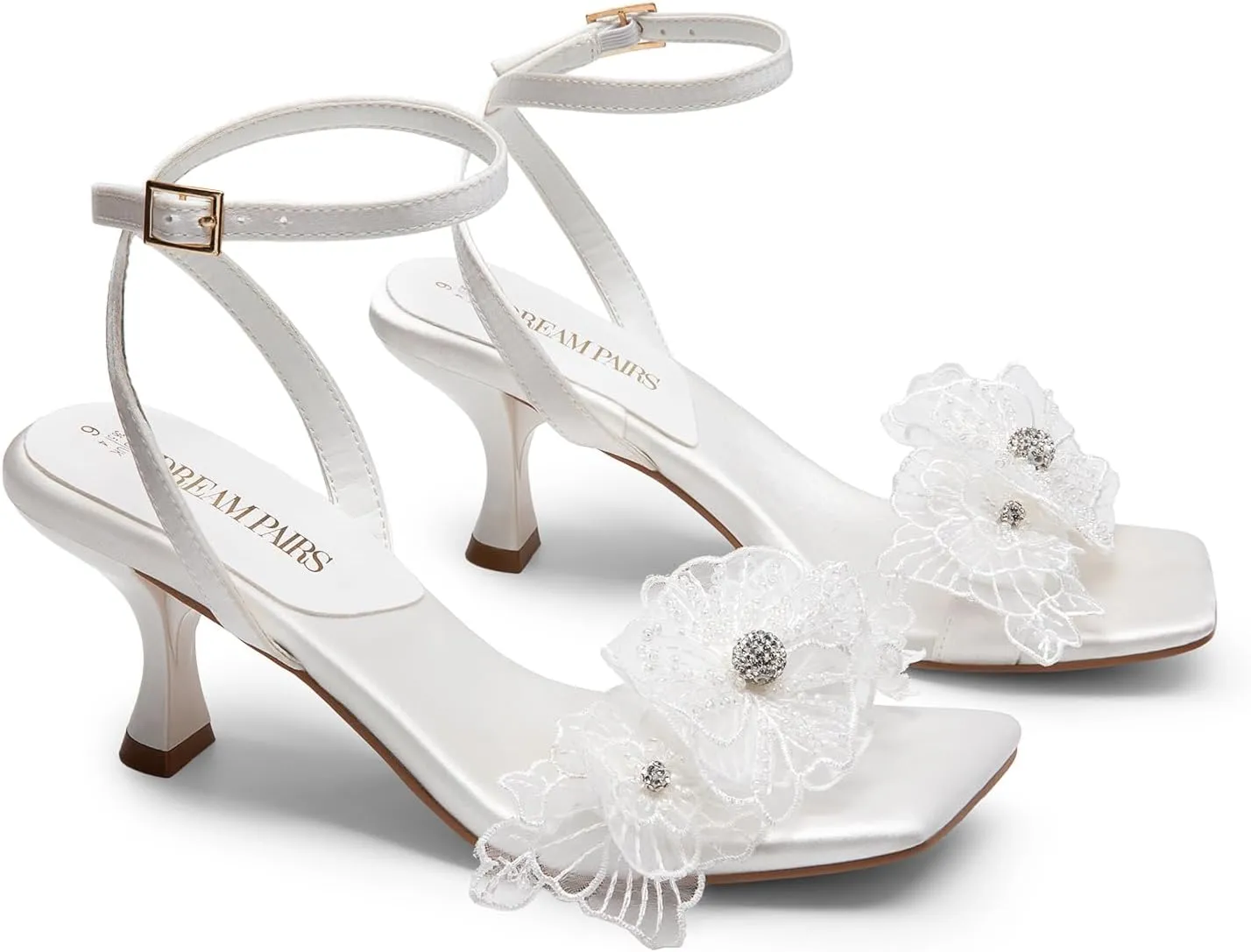 DREAM PAIRS Women's Flower Wedding Heels Cute Square Toe Slingback Low Kitten Heels Sandals with Ankle Strap